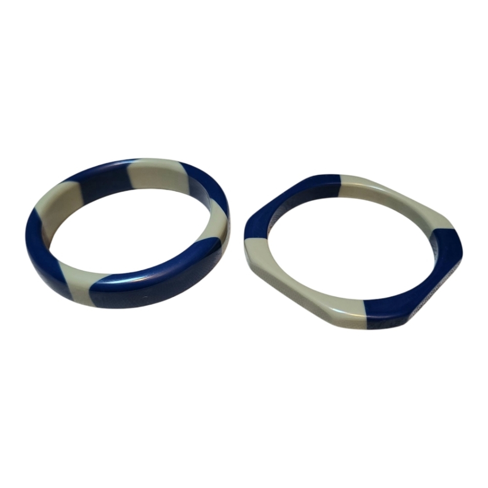Vintage Bakelite Blue and Gray Striped Bangles - Set of 2